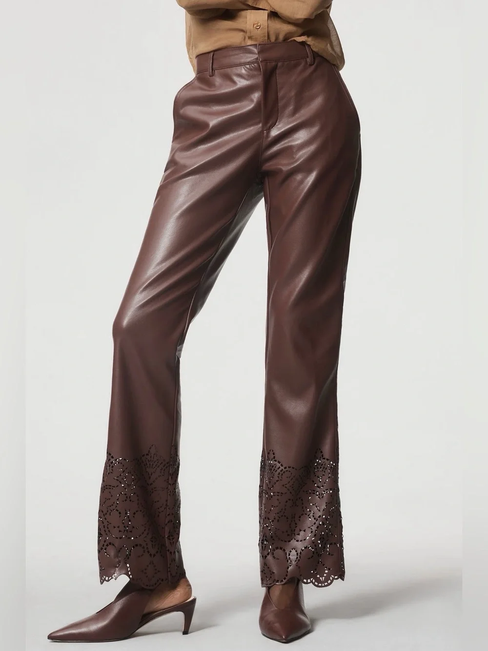 NWT By Anthropologie Faux Leather Slim Flare Pants Chocolate Size 8 - Picture 1 of 16